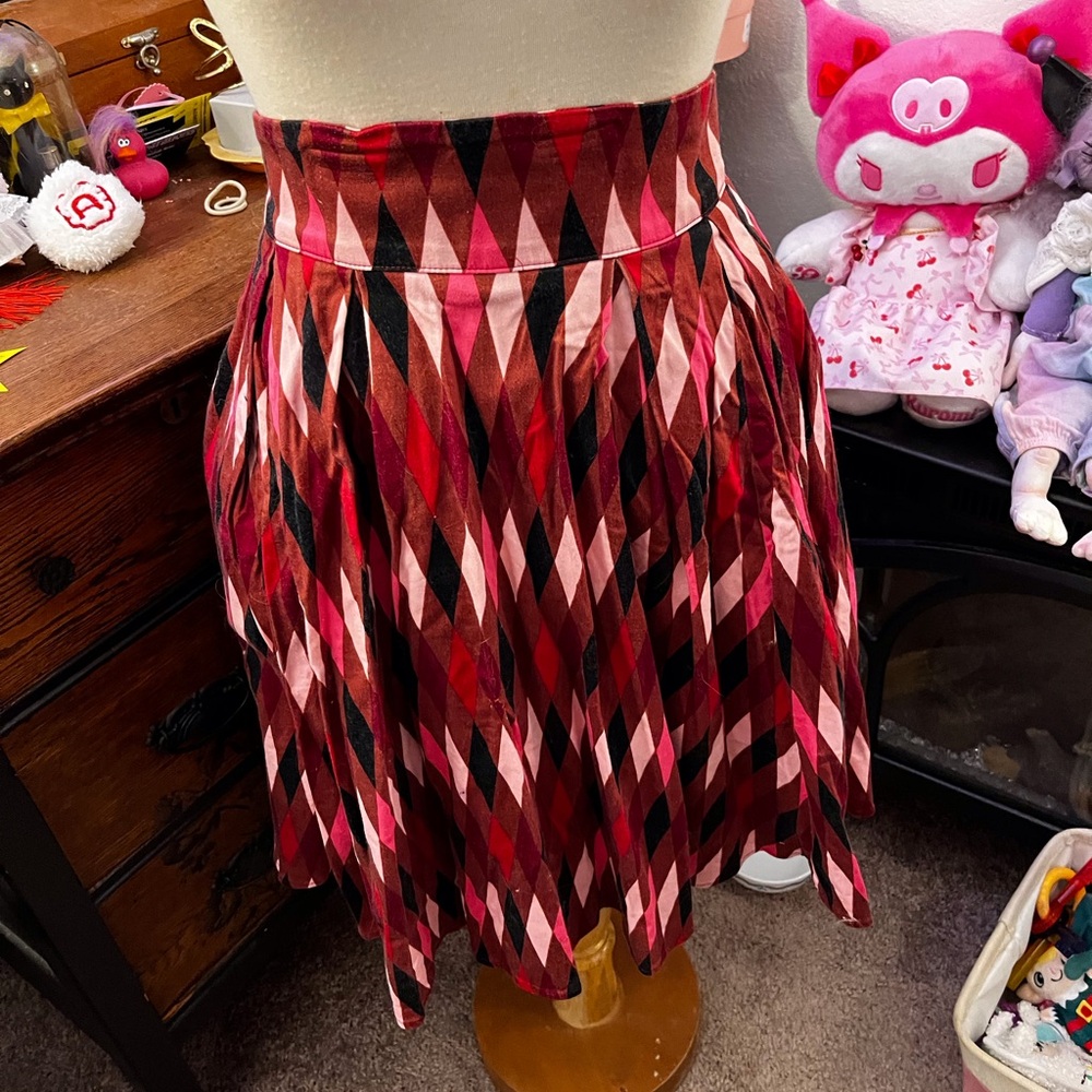 Pinup Couture Harlequin Red and Pink Diamond A-Line Skirt